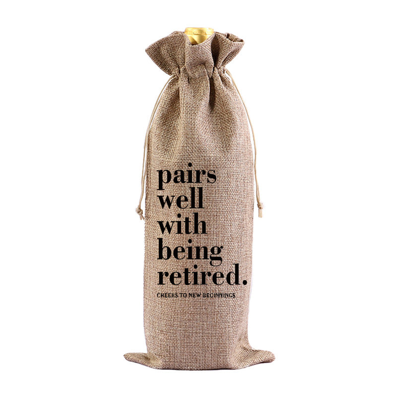 Red Wine Bag for Retirement Celebration: Party Wine Packaging Bag, Imitation Linen Drawstring Pouch, Gift Bag - Korvel