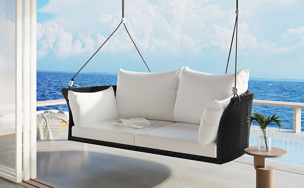 GO 51.9" 2-Person Hanging Seat, Rattan Woven Swing Chair, Porch Swing With Ropes, Black Wicker And White Cushion - Korvel