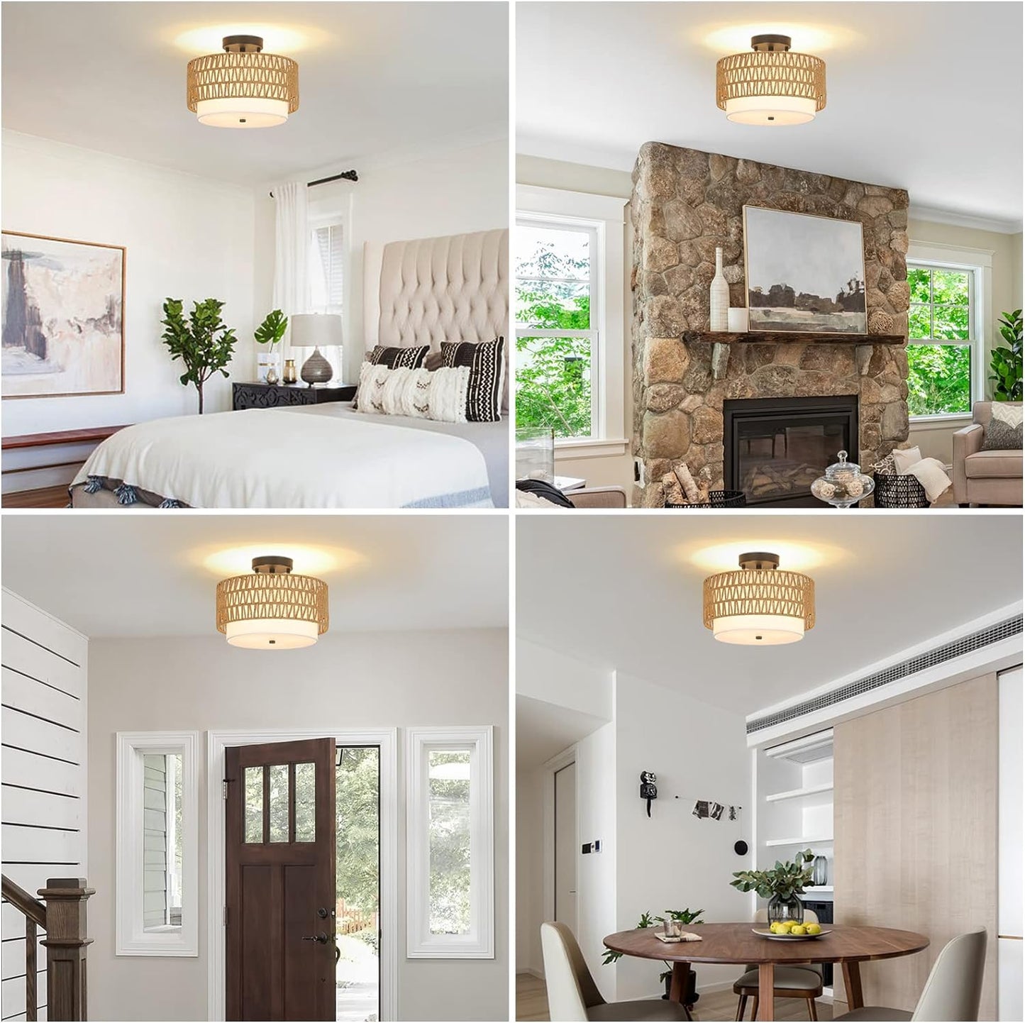 3-Light Semi Flush Mount Ceiling Light Fixture - Boho Rattan Design