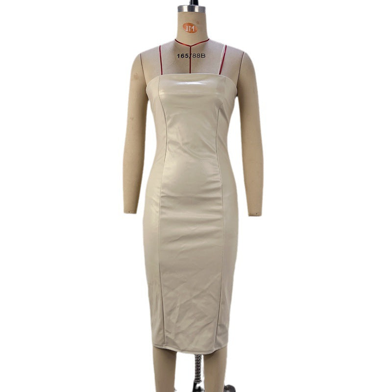 Women's Solid Color PU Leather Sexy Strapless Waist-Cinching Bodycon Dress - Korvel