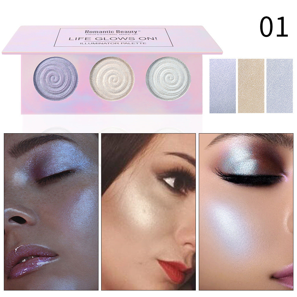 Romantic Beauty Tri-Color Baked Powder Highlighter Palette Pearl Glitter Highlighter Palette - Korvel