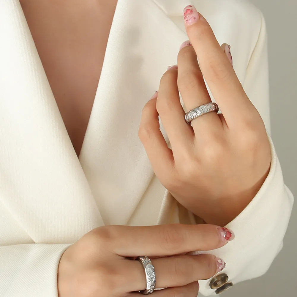 Star Moon Shaped Sparkling Zircon Design Ring Titanium Steel Handmade Jewelry for Girls - Korvel