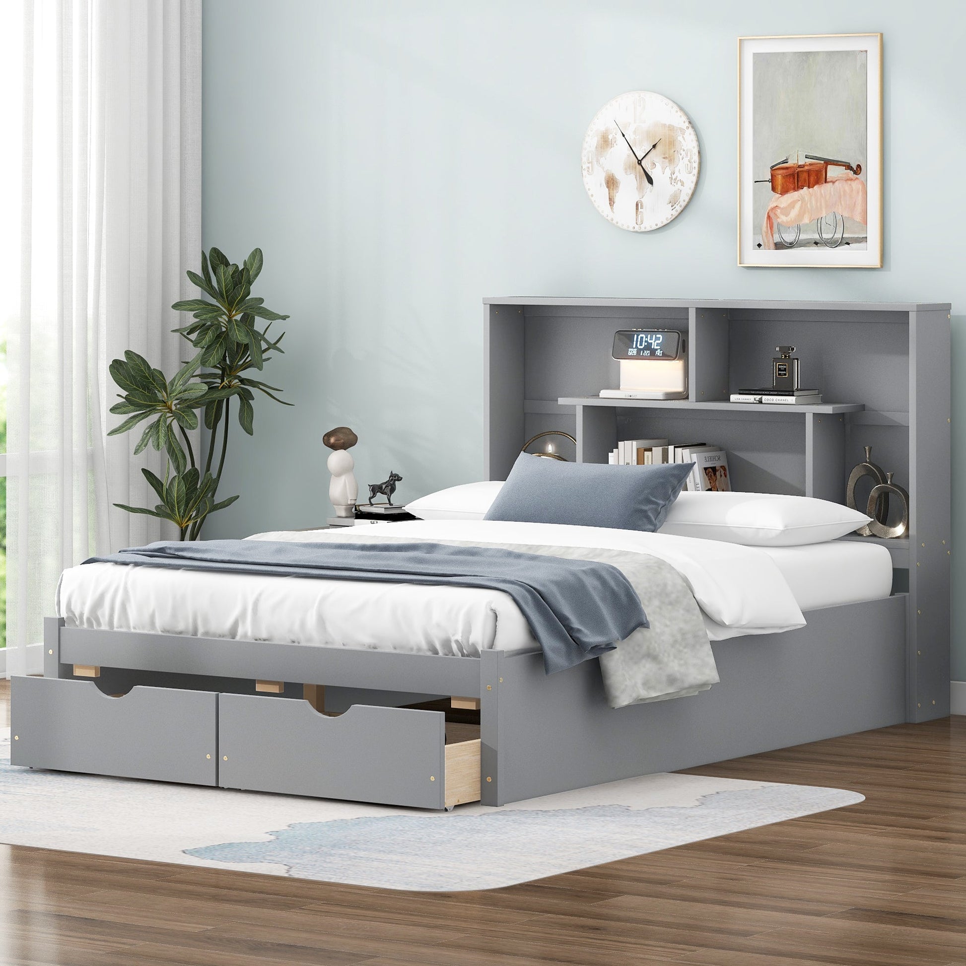 Full Size Platform Bed with Storage Headboard and 2 Drawers, Gray - Korvel