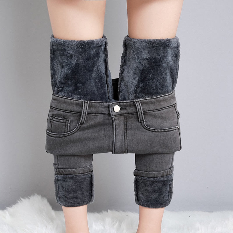 Velvet-Lined Thick Denim Pants for Ultimate Comfort