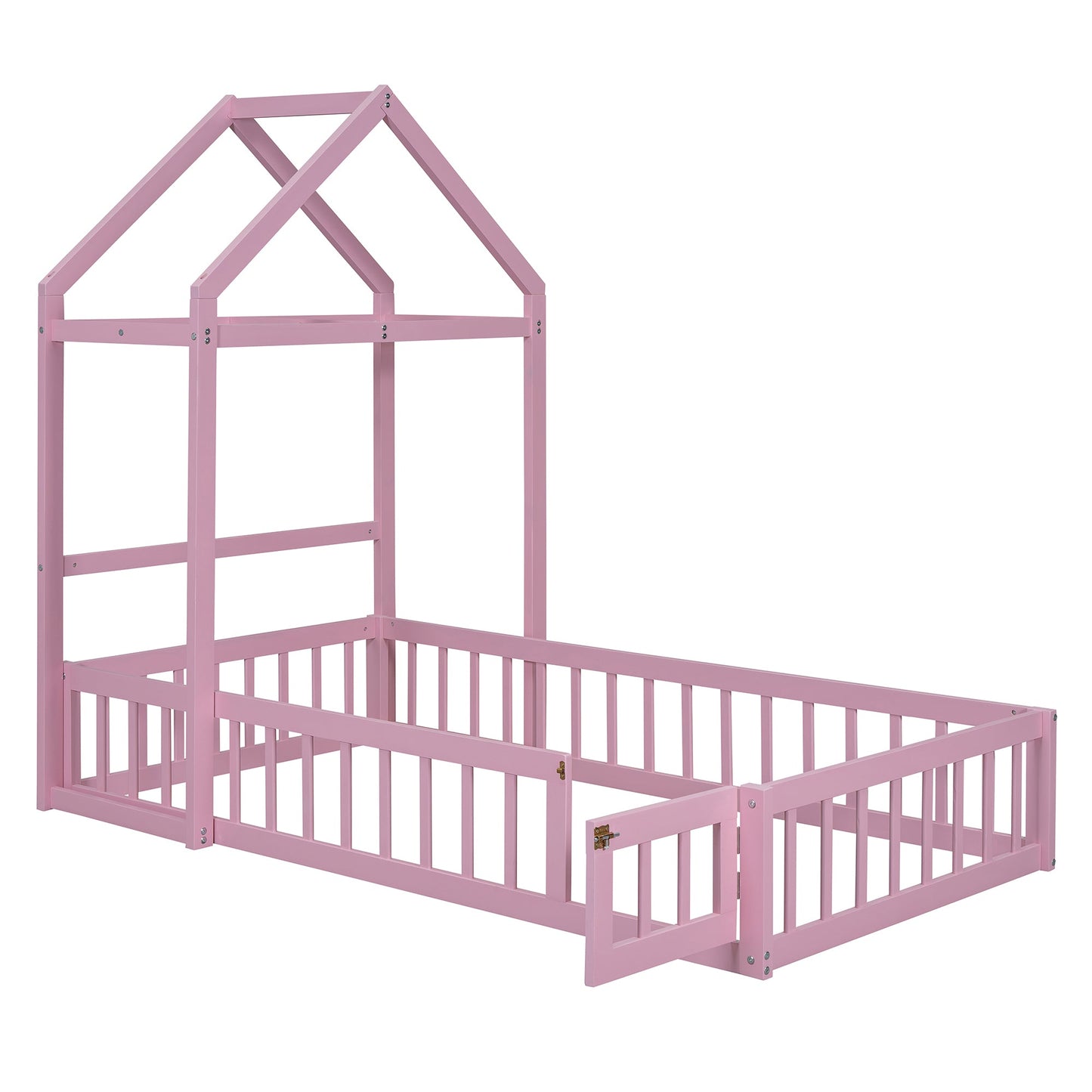 Wooden Twin Size Children's Bed with Detachable Headboard, Pink
