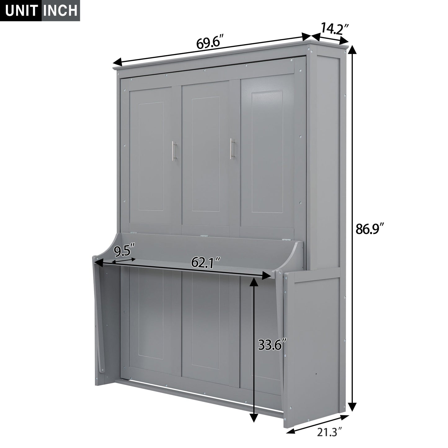 Queen Size Murphy Bed with a Shelf, Gray - Korvel