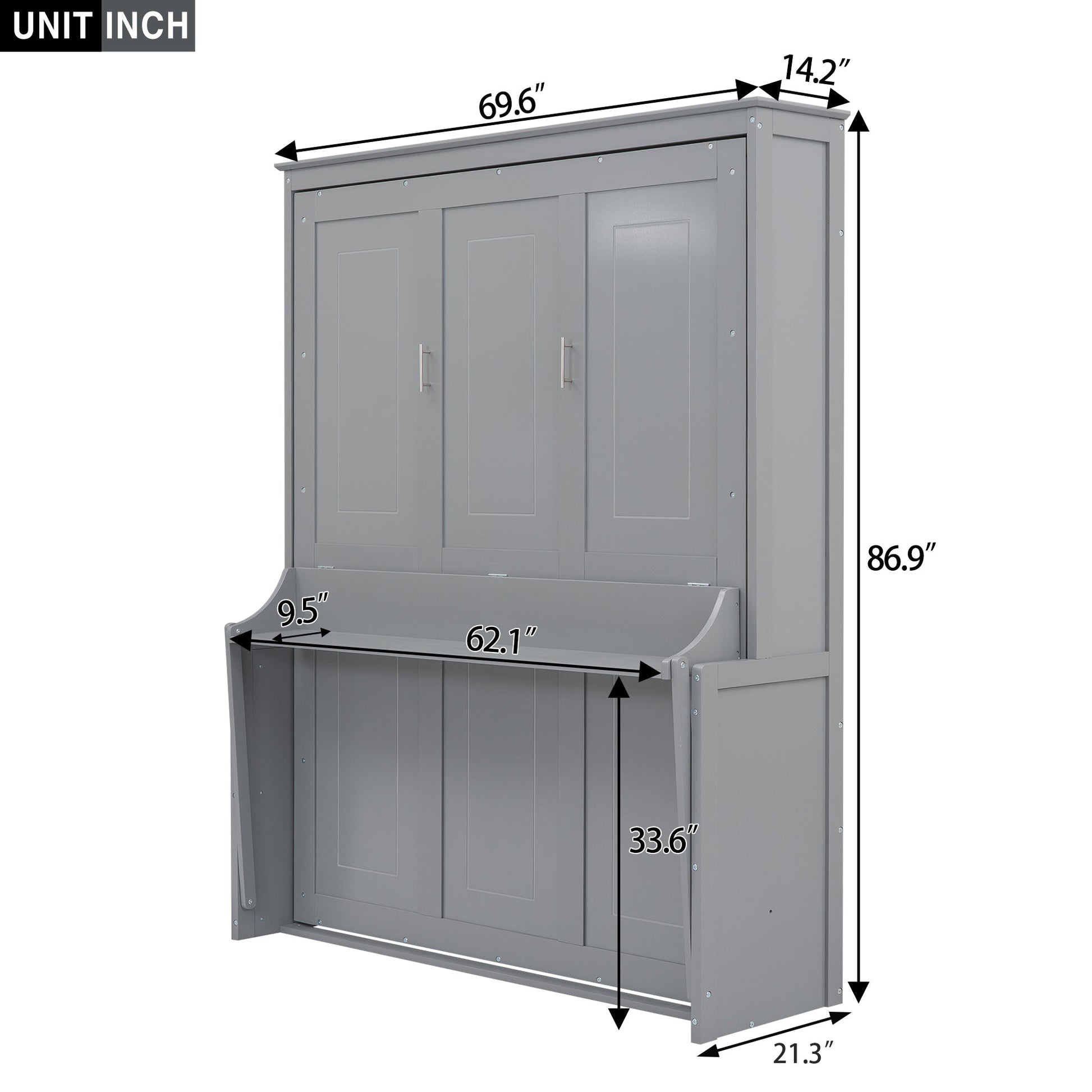 Queen Size Murphy Bed with a Shelf, Gray - Korvel