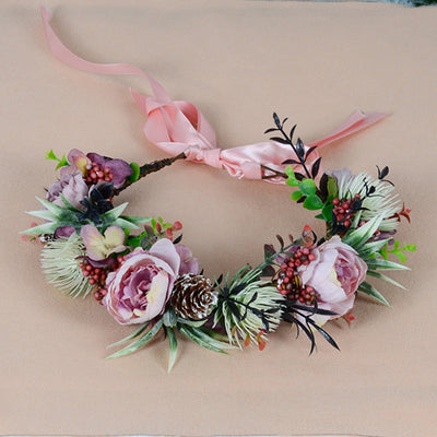 Vintage flower wreath autumn pine cone handmade simulation flower bridal hair accessory Hanfu headwear female - Korvel