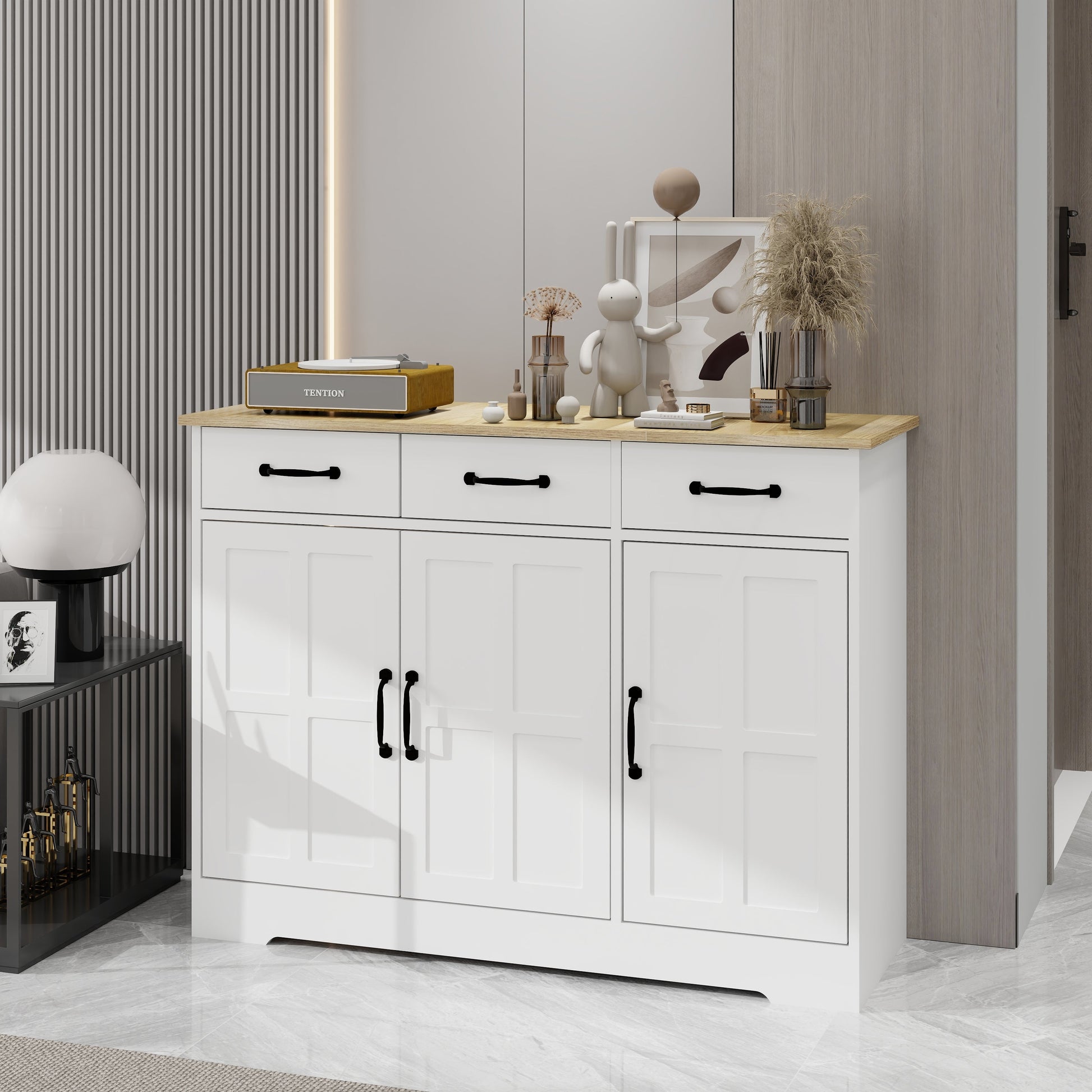 Farmhouse Buffet Cabinet Storage Sideboard with 3 Drawers and 3 Doors for Dining Living Room Kitchen Cupboard-White - Korvel