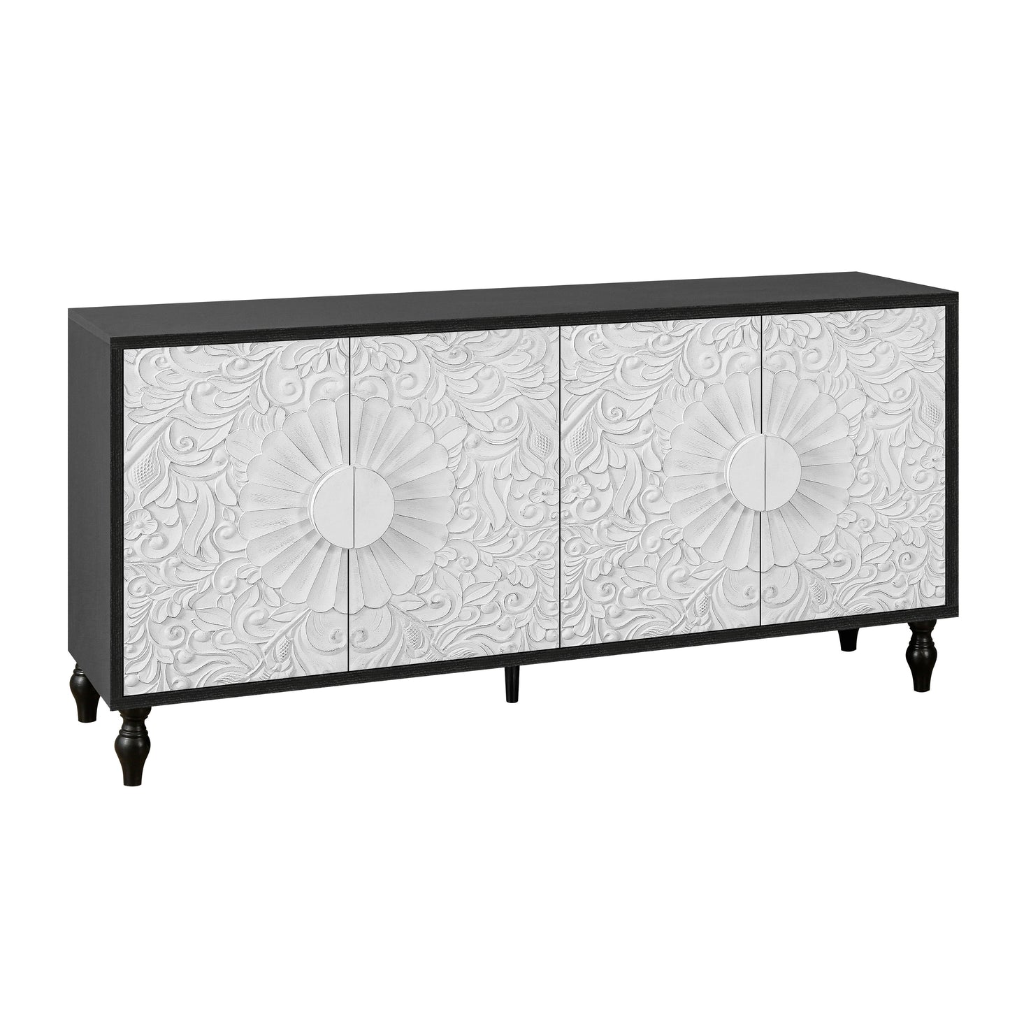 Vintage White Large Faceted Carved Sideboard with Black Frames