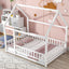 Full Size Floor Wooden Bed with House Roof Frame and Guardrails - White