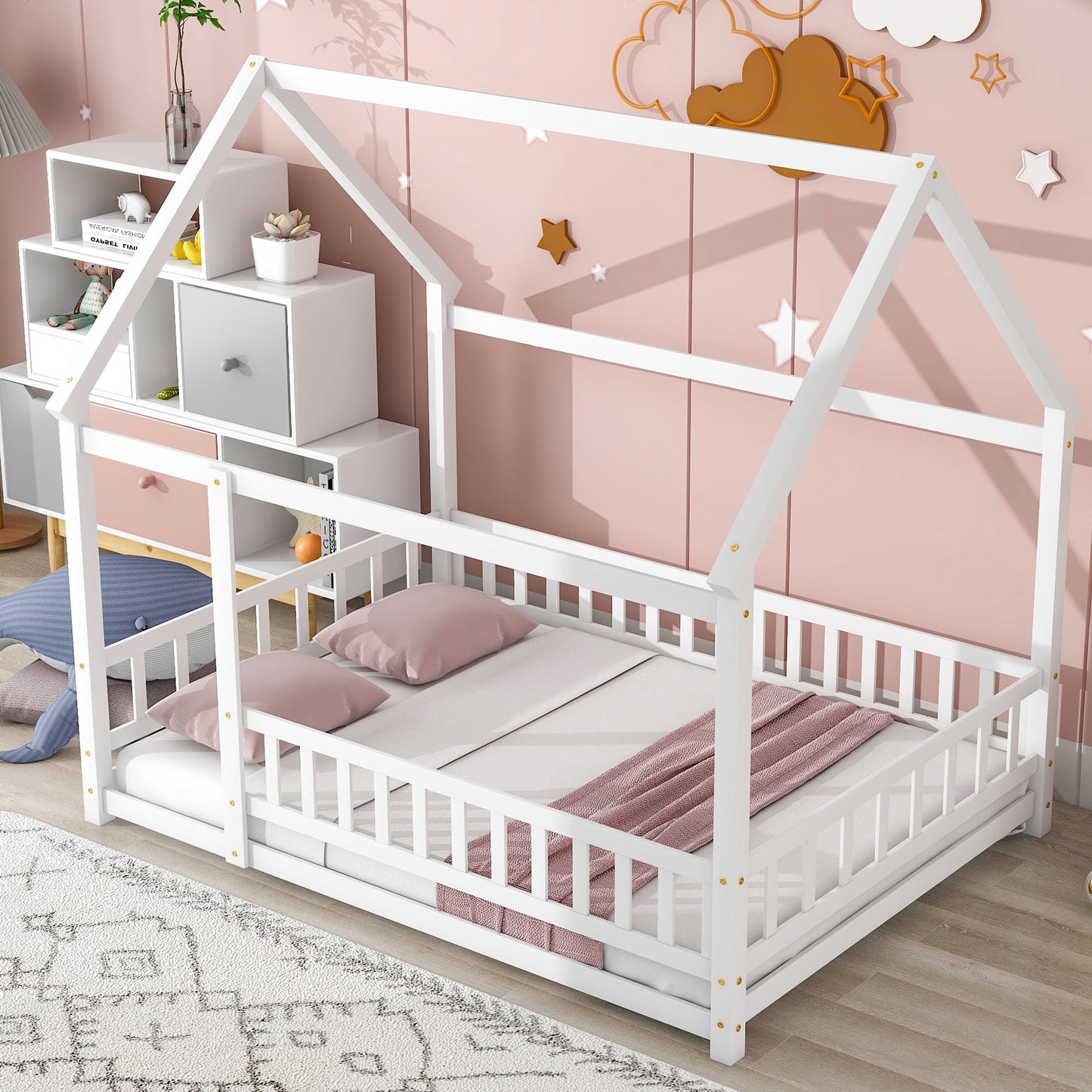 Full Size Floor Wooden Bed with House Roof Frame and Guardrails - White