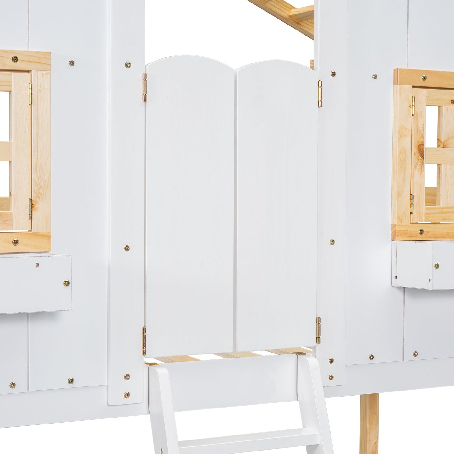Twin over Twin House Bunk Bed with Roof , Window, Window Box, Door , with Safety Guardrails and Ladder, Natural/White - Korvel