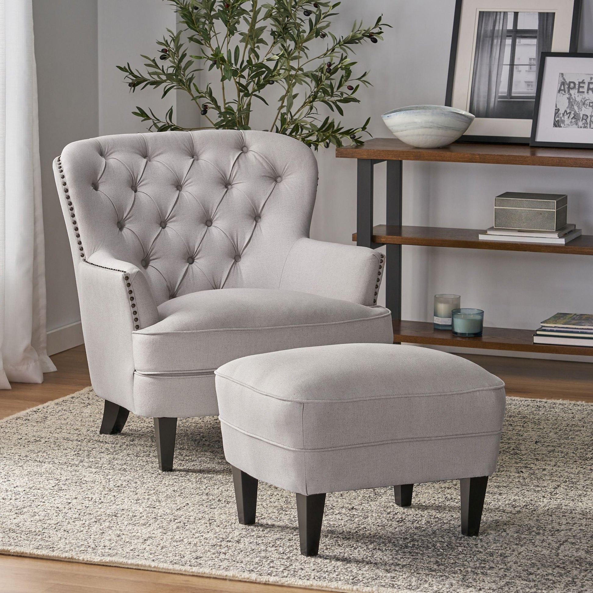 Modern light grey fabric club chair and Ottoman set, stylish cushioned armchair, paired with Ottoman style - Korvel