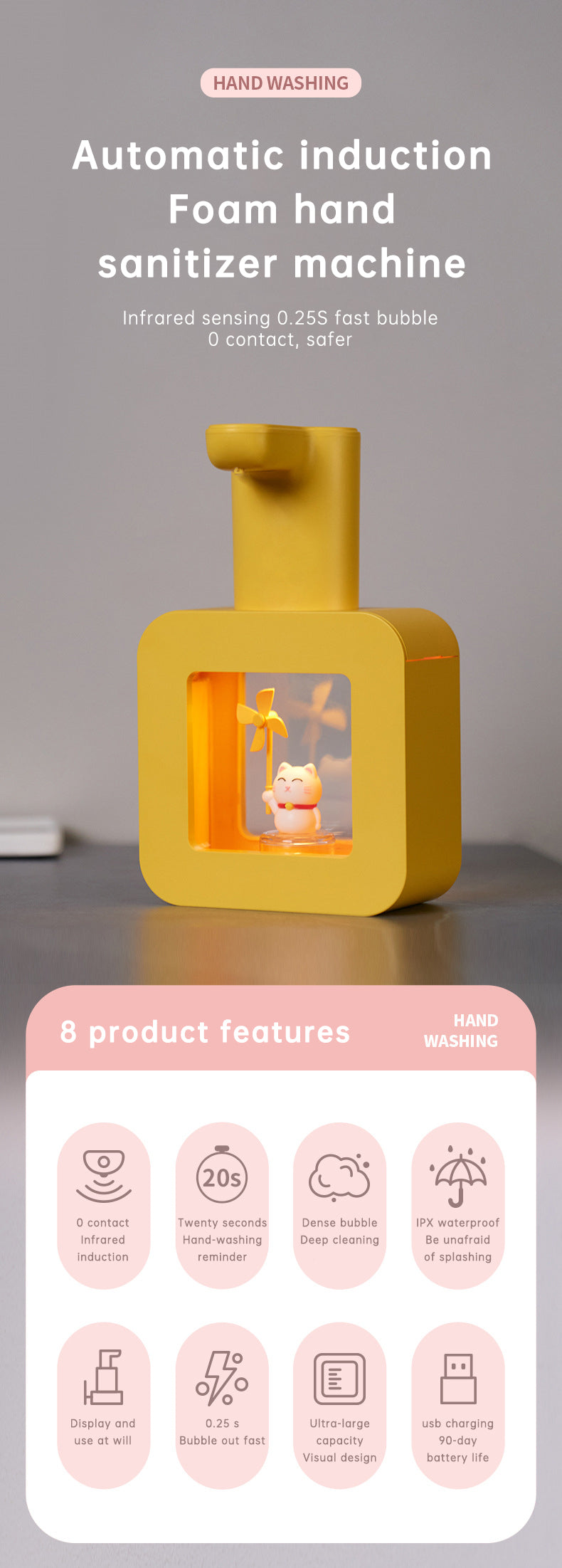 Cute Cat Rechargeable Touchless Automatic Soap Dispenser 400ml Kids foam Soap Dispenser with Night Light - Korvel
