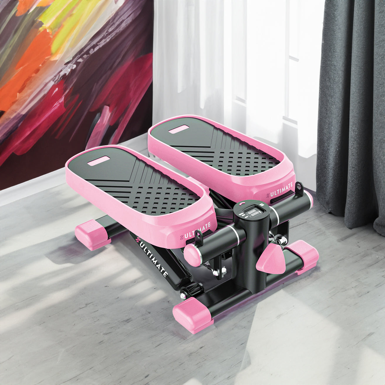 Home Office Exercise 330LBS Capacity Mini Stepper with Resistance Bands and LCD Monitor  Pink - Korvel