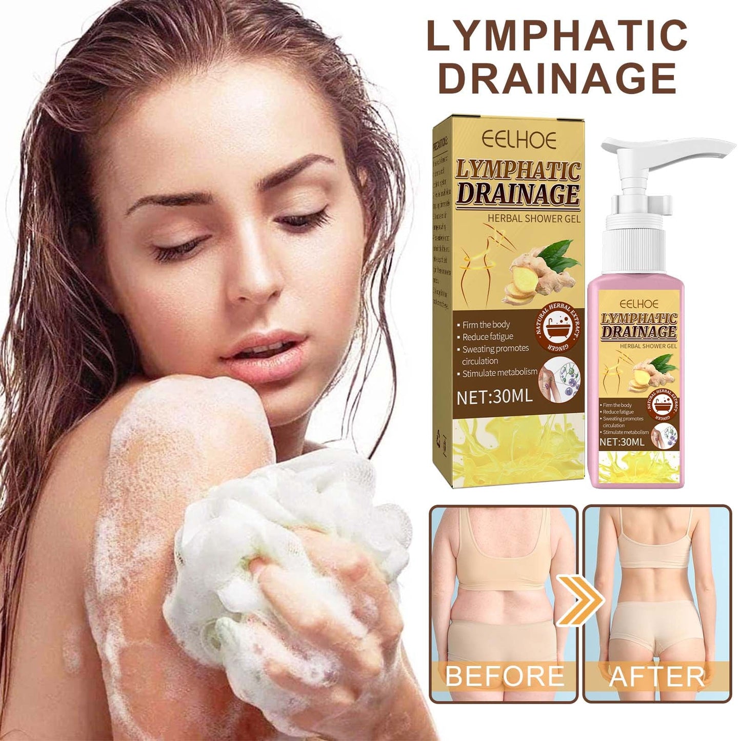 Lymphatic Drainage Herbal Shower Gel, Deep Cleaning, Waist Shaping, Body Shaping, Skin Tightening, Tummy Tightening And Ginger Essence Moisturizing - Korvel