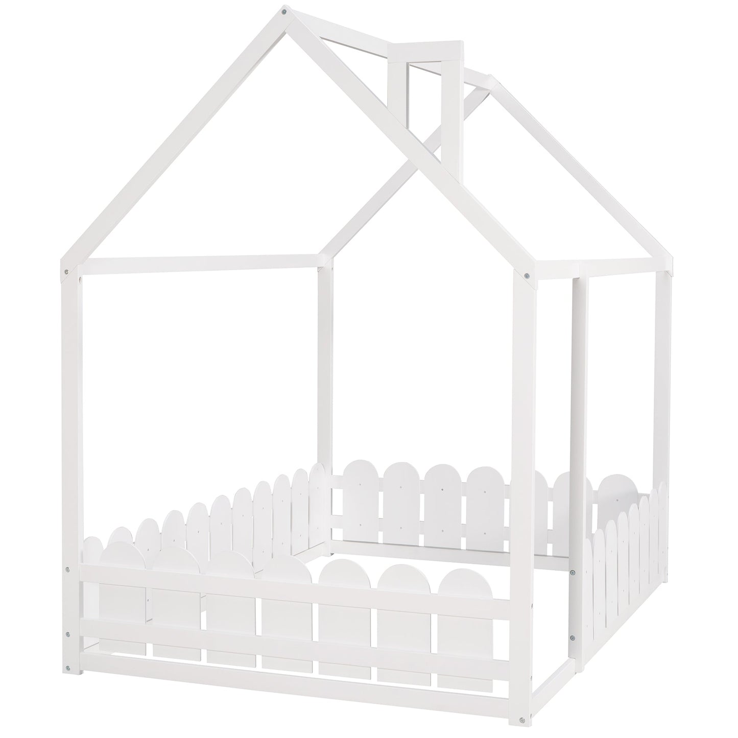 (Slats are not included) Full Size Wood Bed House Bed Frame with Fence for Kids Teens Girls Boys (White ) - Korvel