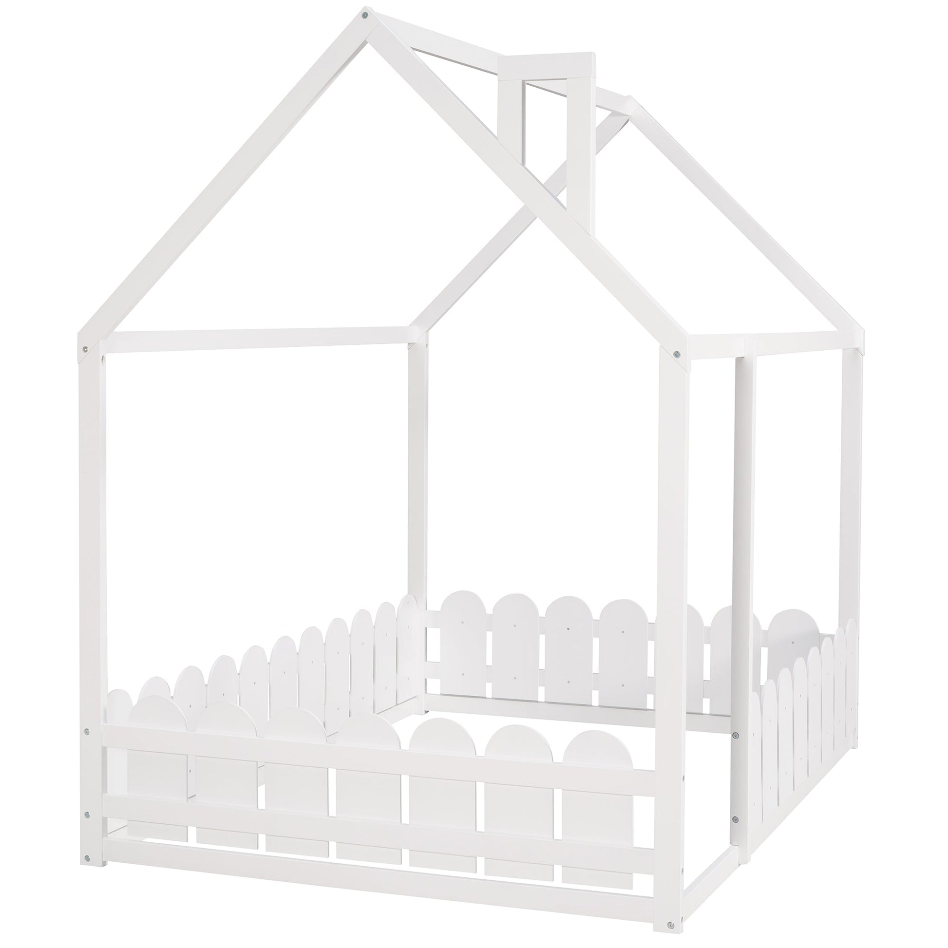 (Slats are not included) Full Size Wood Bed House Bed Frame with Fence for Kids Teens Girls Boys (White ) - Korvel