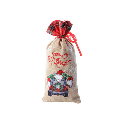 Christmas gift bag, letter printed Santa Claus home decoration, plaid linen red wine set - Korvel