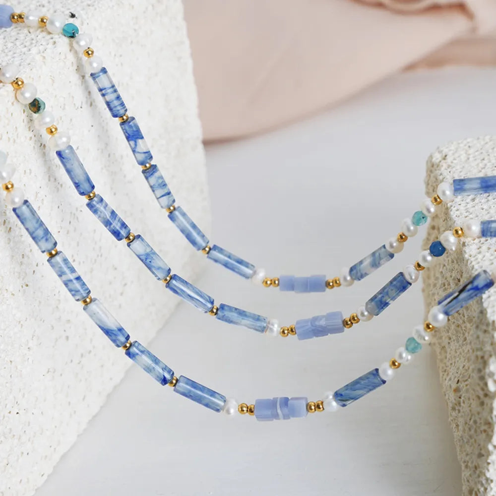 Freshwater Pearl and Titanium Steel Geometric Bead Necklace