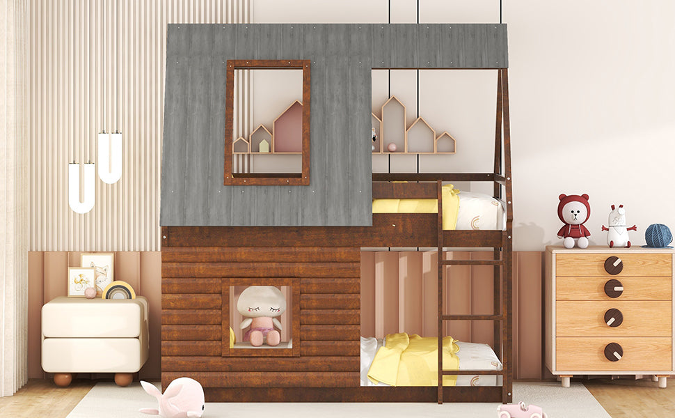 Wood Twin Size House Bunk Bed with Roof, Ladder and 2 Windows, Oak & Smoky Grey - Korvel