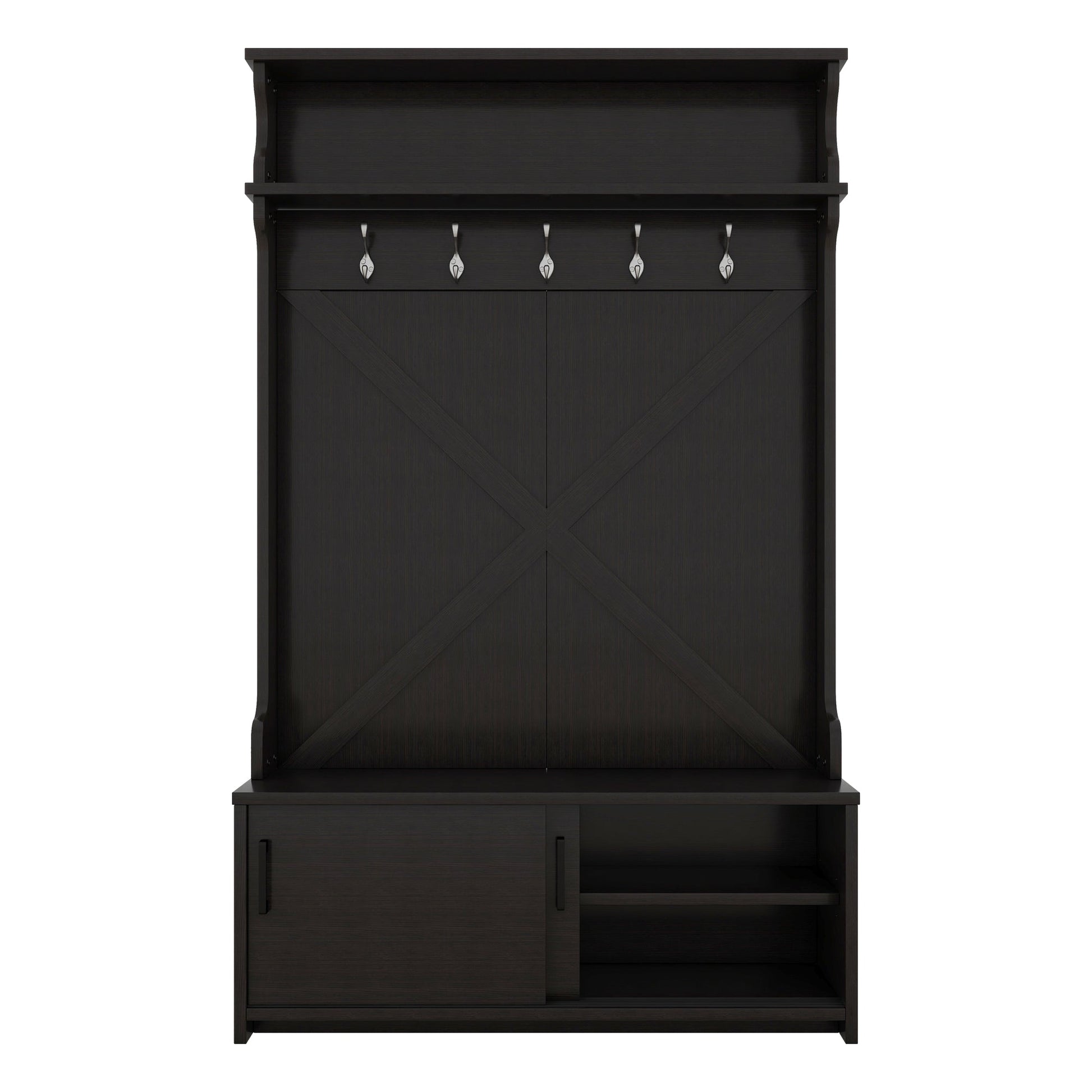 Hall tree with roof rack and storage platform, corridor shoe cabinet with sliding door, clothes hanger with 5 hooks black - Korvel