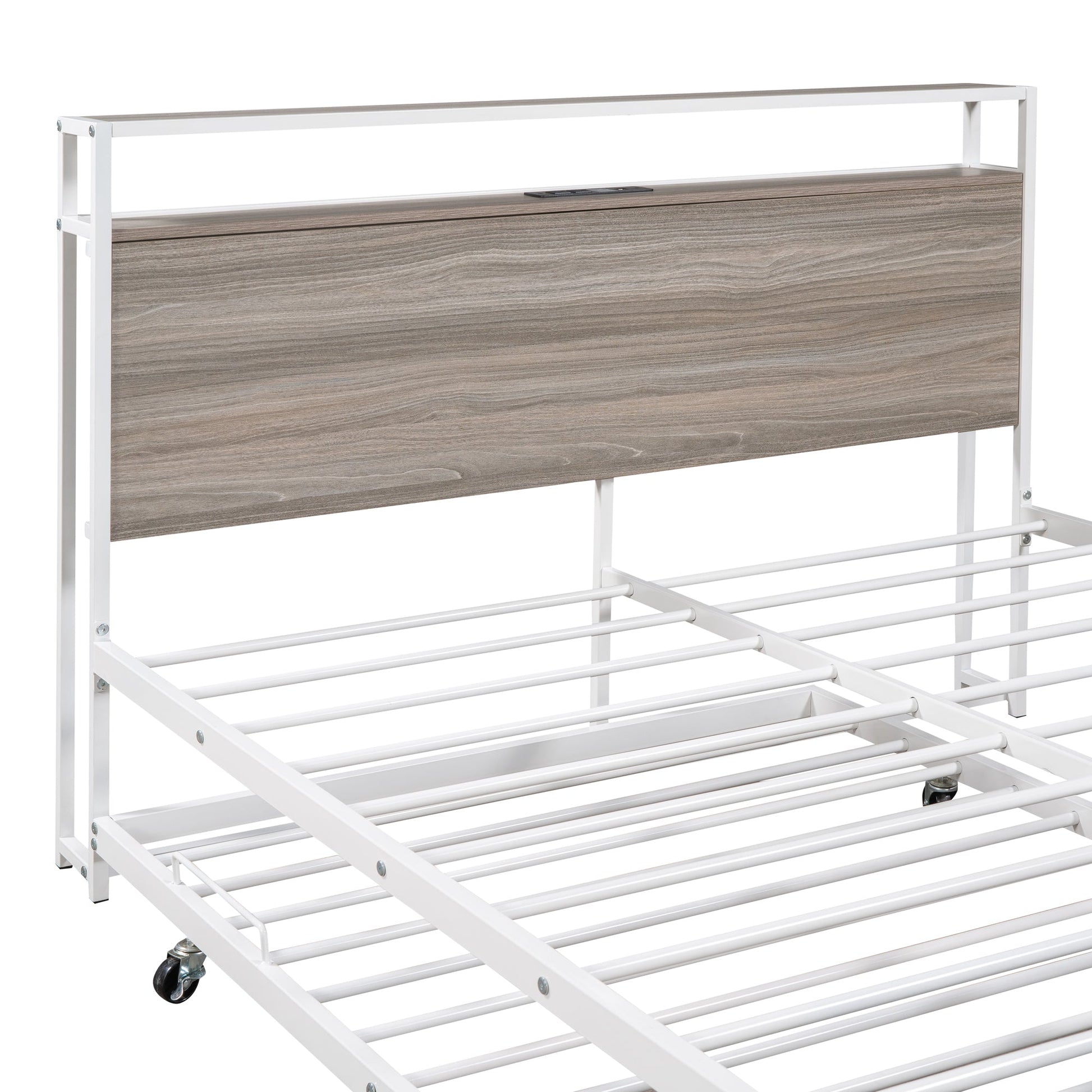 Full Size Metal Platform Bed Frame with Trundle, USB Ports and Slat Support No Box Spring Needed White - Korvel