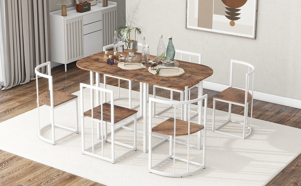 TOPMAX Modern 7-Piece Dining Table Set with Faux Marble Compact 55Inch Kitchen Table Set for 6  White+Cherry - Korvel