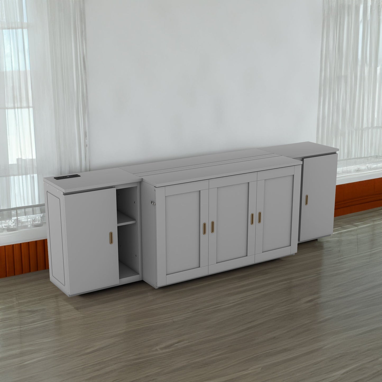 Full Size Murphy Bed with Shelves and USB Ports - Gray