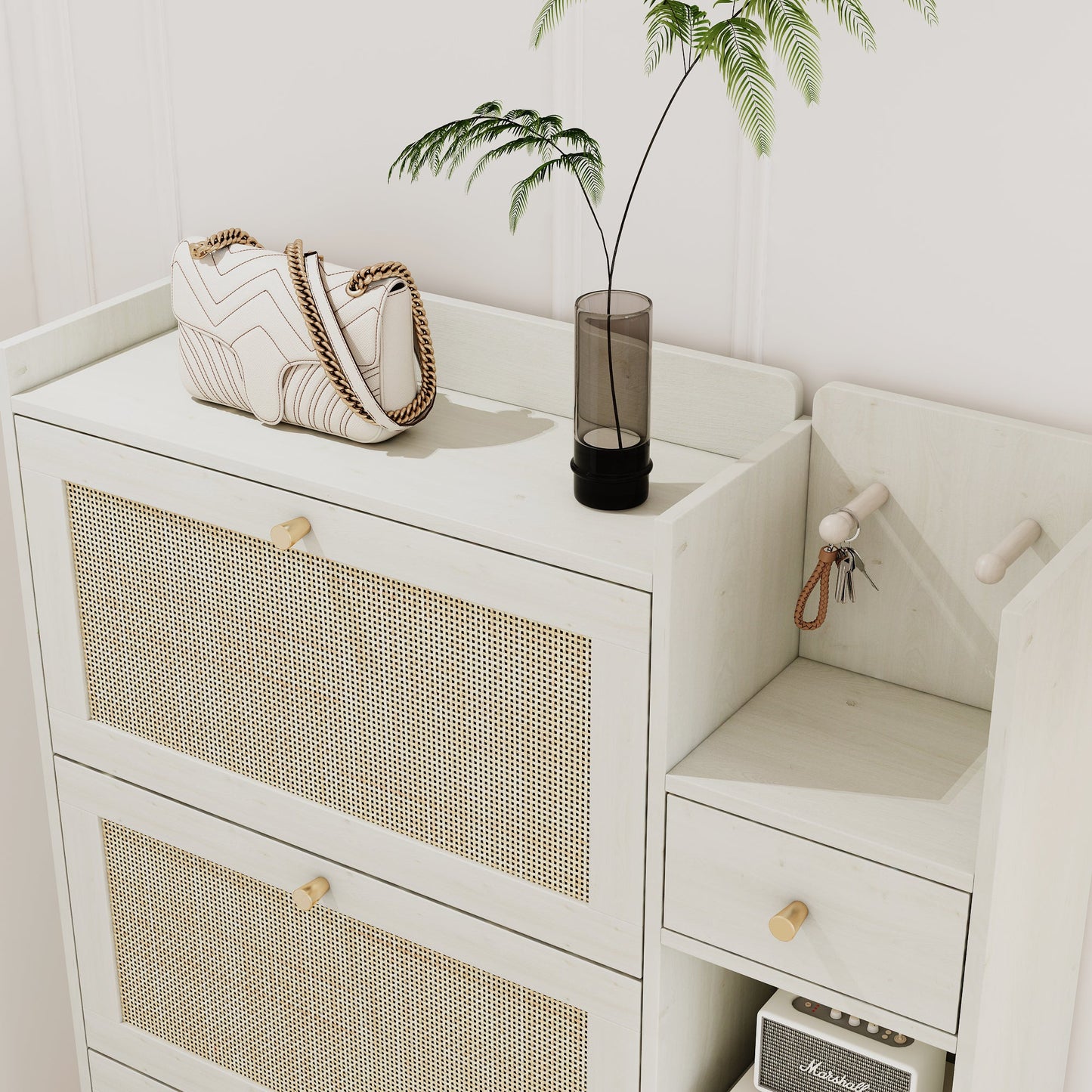 Natural Bohemian style shoe cabinet with 3 rattan flip drawers, 3 square shelves, and 1 storage drawer, white - Korvel