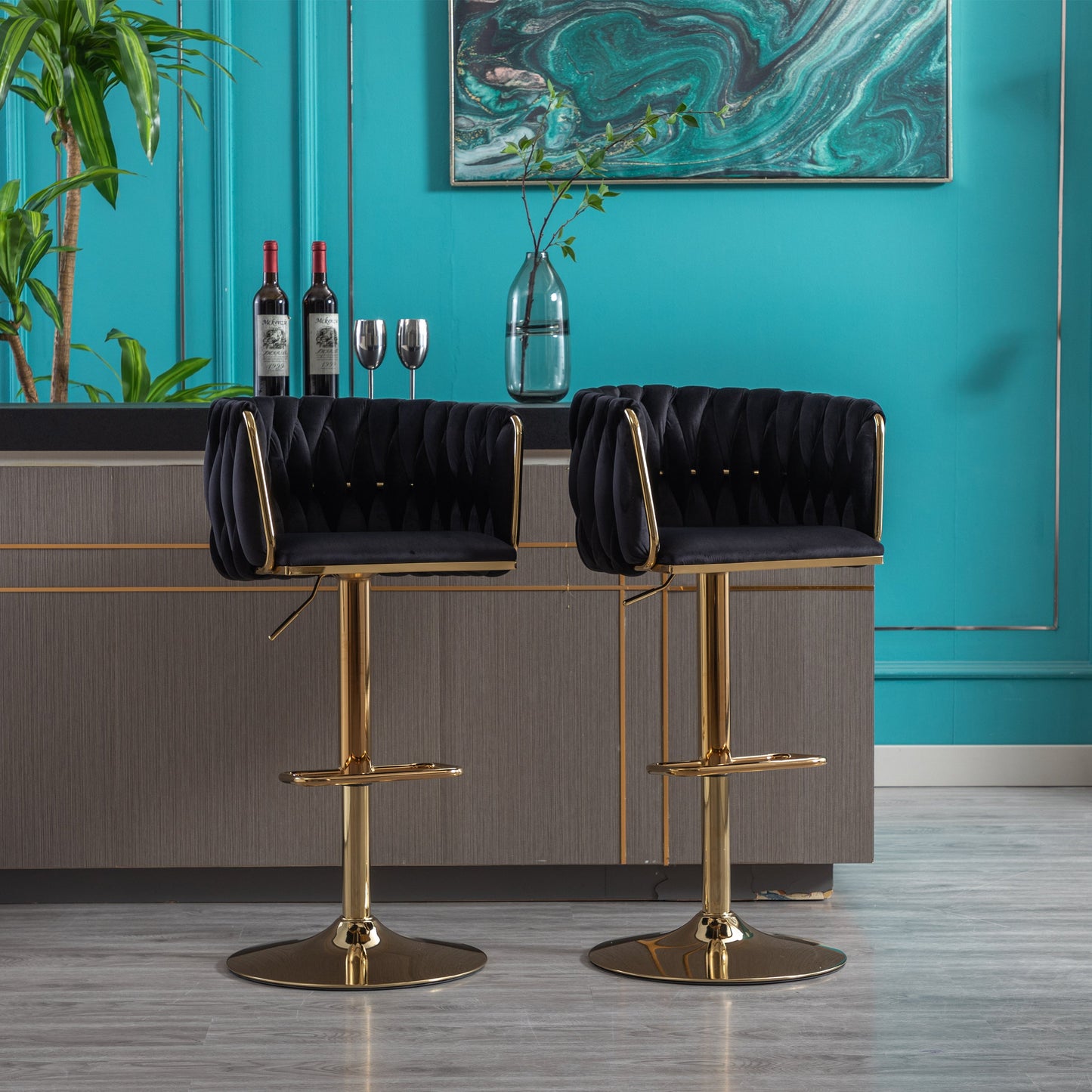 Set of 2 Adjustable Bar Stools with Chrome Footrest - Black Velvet