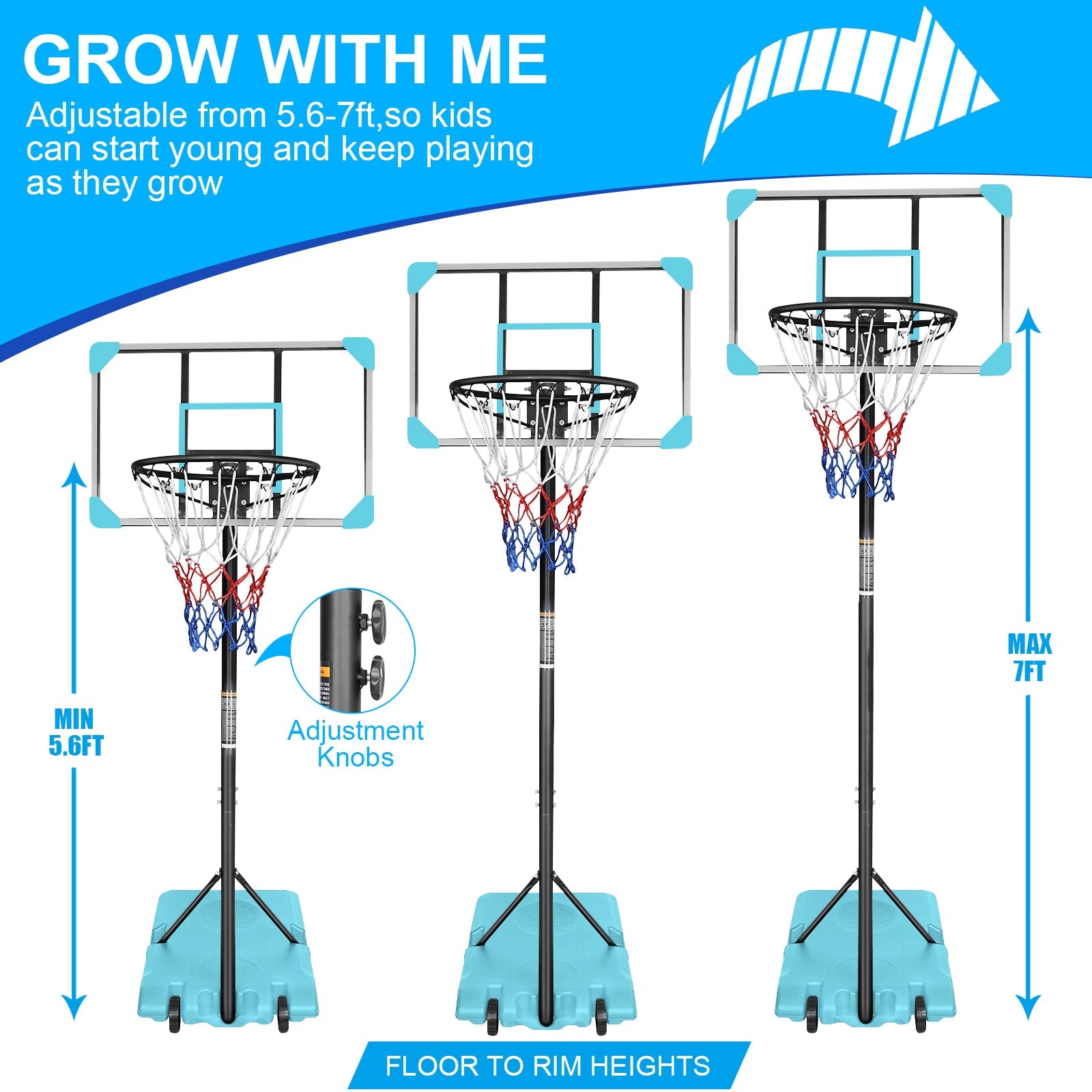 Portable Basketball Goal System with Stable Base and Wheels use for Indoor Outdoor teenagers youth height adjustable - Korvel