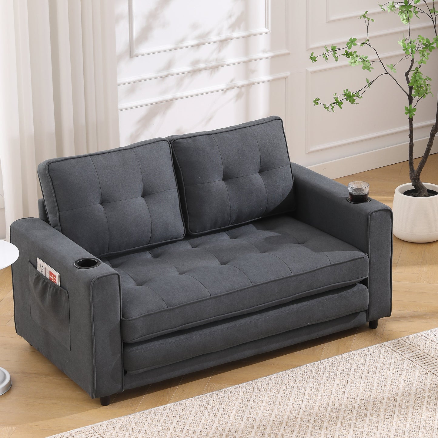Three in one soft cushion cushion cushion sofa, folding mattress sofa bed, with side pockets and cup holder, dark gray - Korvel