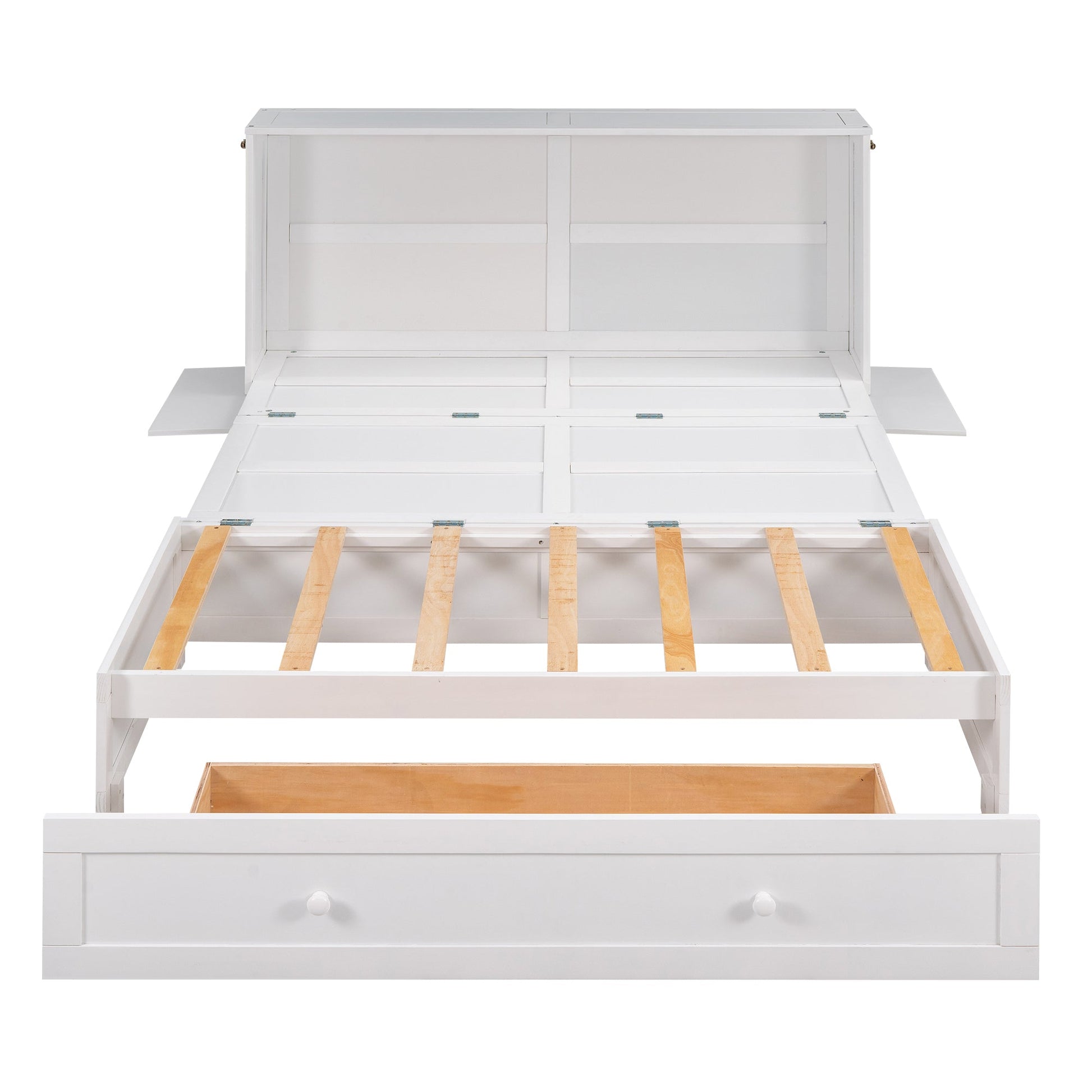 Queen Size Mobile Murphy Bed with Drawer and Little Shelves on Each Side White - Korvel
