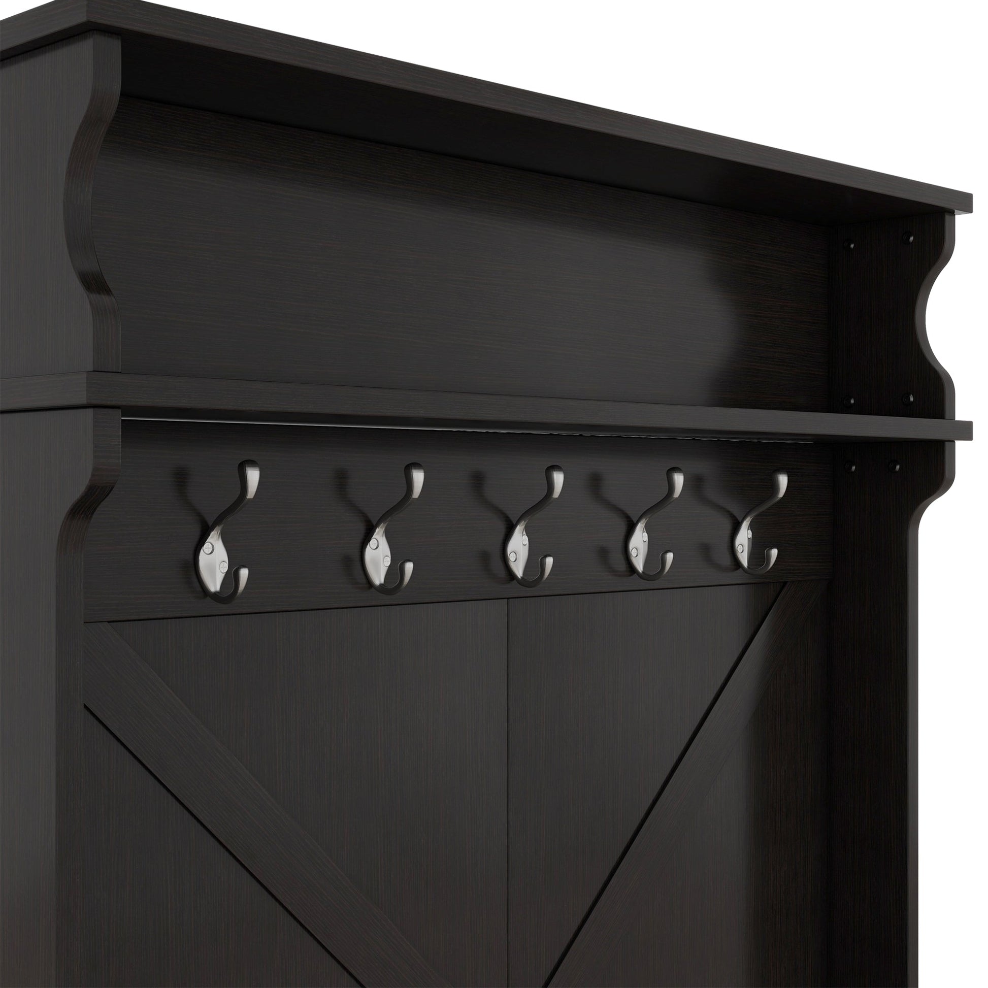 Hall tree with roof rack and storage platform, corridor shoe cabinet with sliding door, clothes hanger with 5 hooks black - Korvel