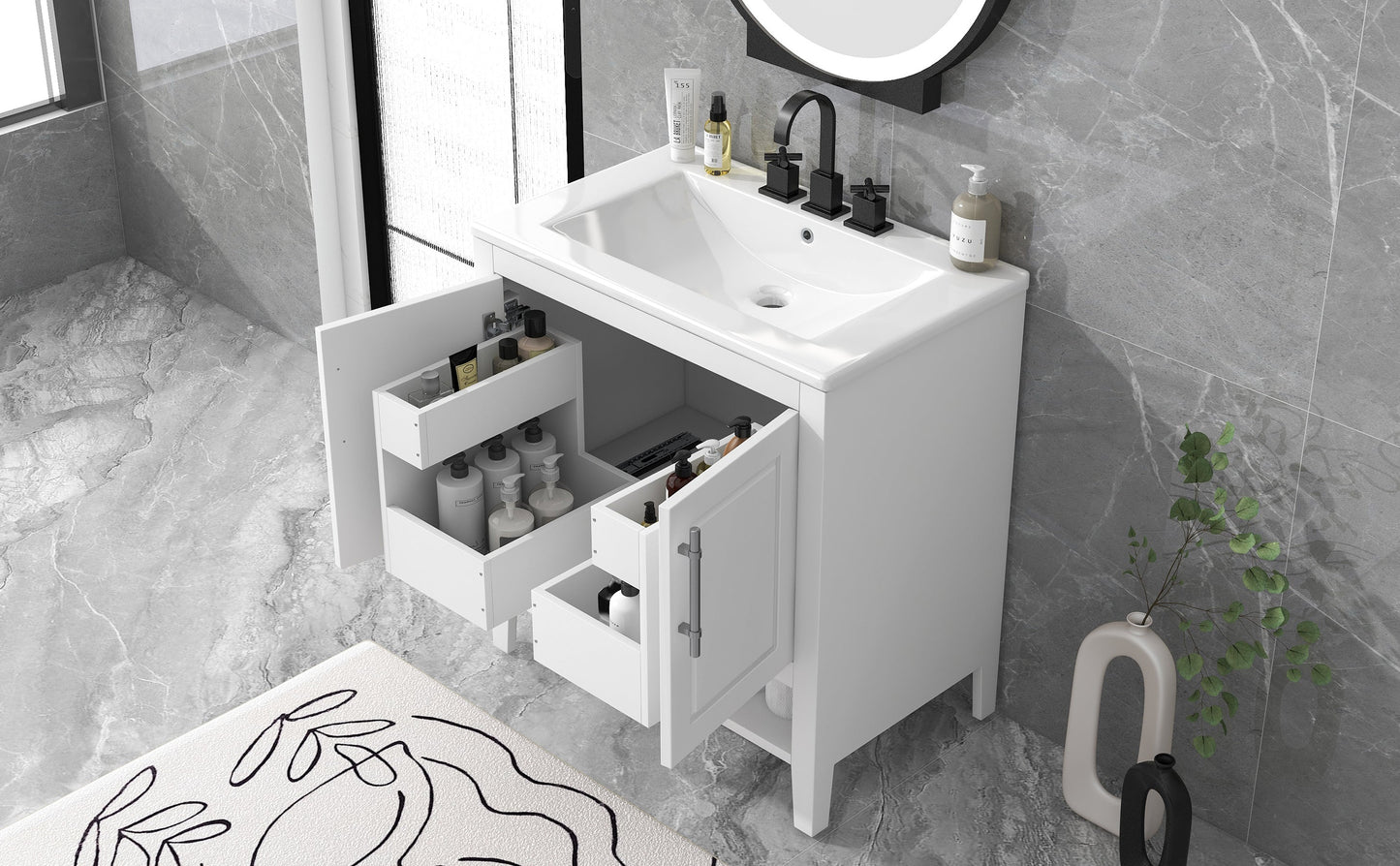 30" Bathroom Vanity with Sink  Multi-functional Bathroom Cabinet with Doors and Drawers Solid Frame and MDF Board, White - Korvel