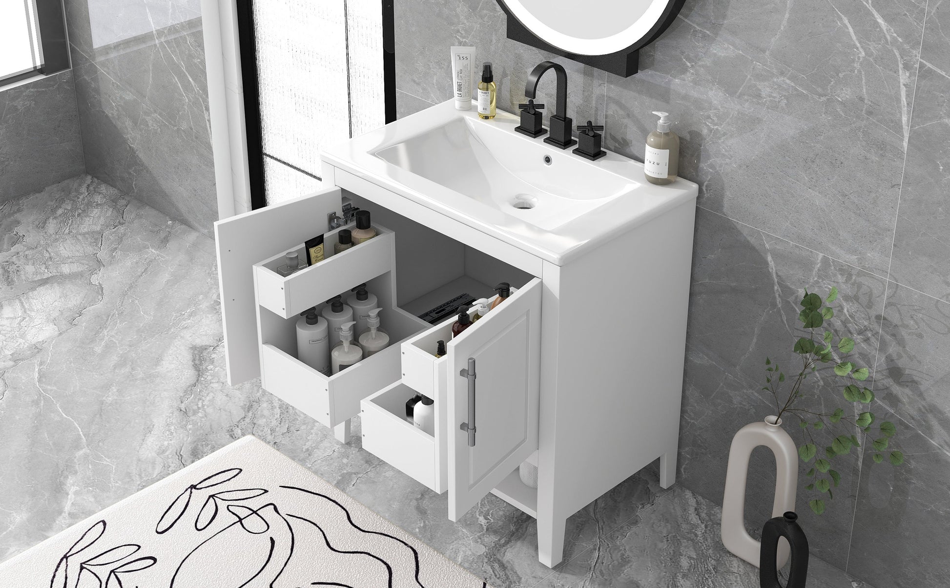 30" Bathroom Vanity with Sink  Multi-functional Bathroom Cabinet with Doors and Drawers Solid Frame and MDF Board, White - Korvel