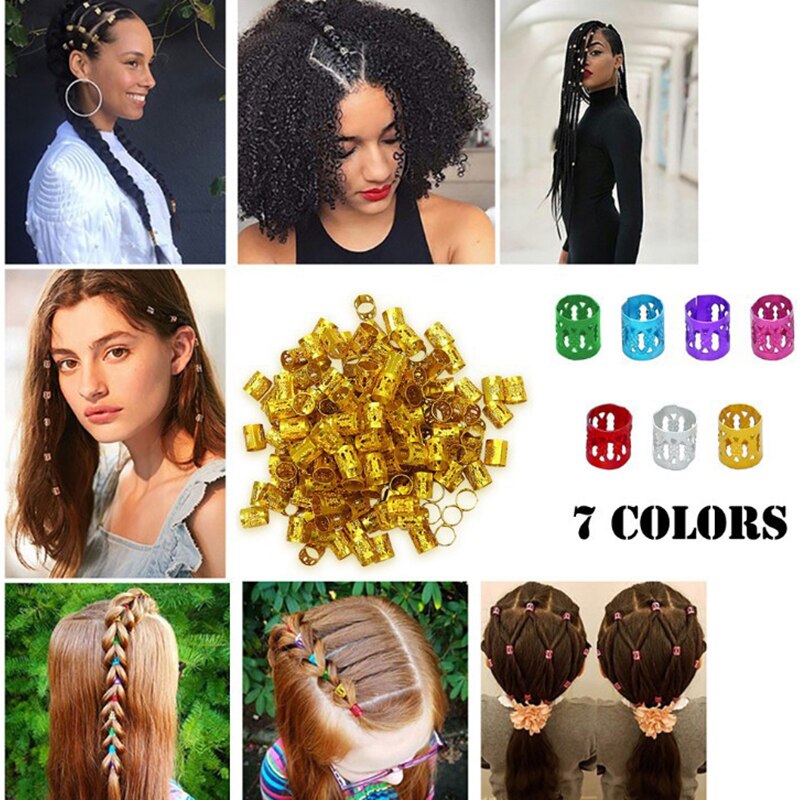 100 Pcs/set 7 Colors Mixed Beads Adjustable Hair Braids Dreadlock Beads Adjustable Hair Braid Rings Cuff Clips Tubes Jewelry - Korvel