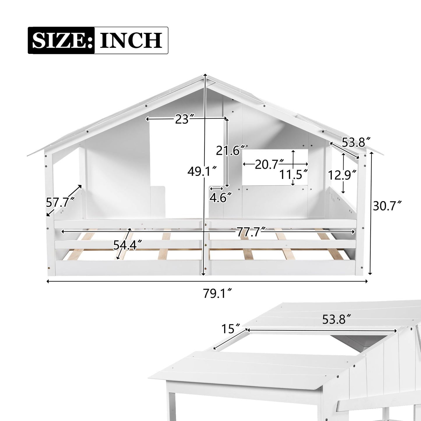 Wood Full Size House Bed with Roof, Window and Guardrail White - Korvel