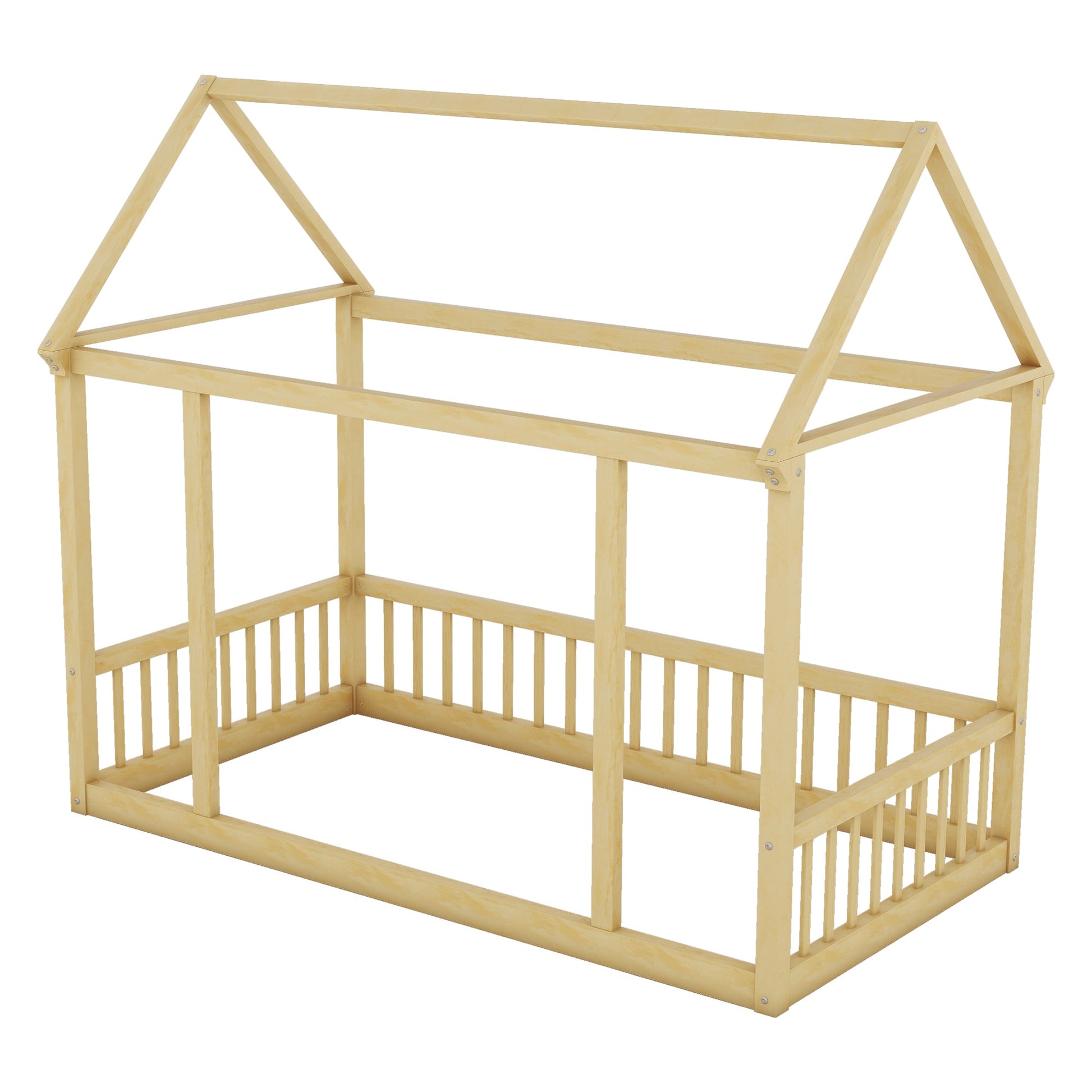 Twin Size Floor Wooden Bed with House Roof Frame and Safety Guardrails,Natural - Korvel