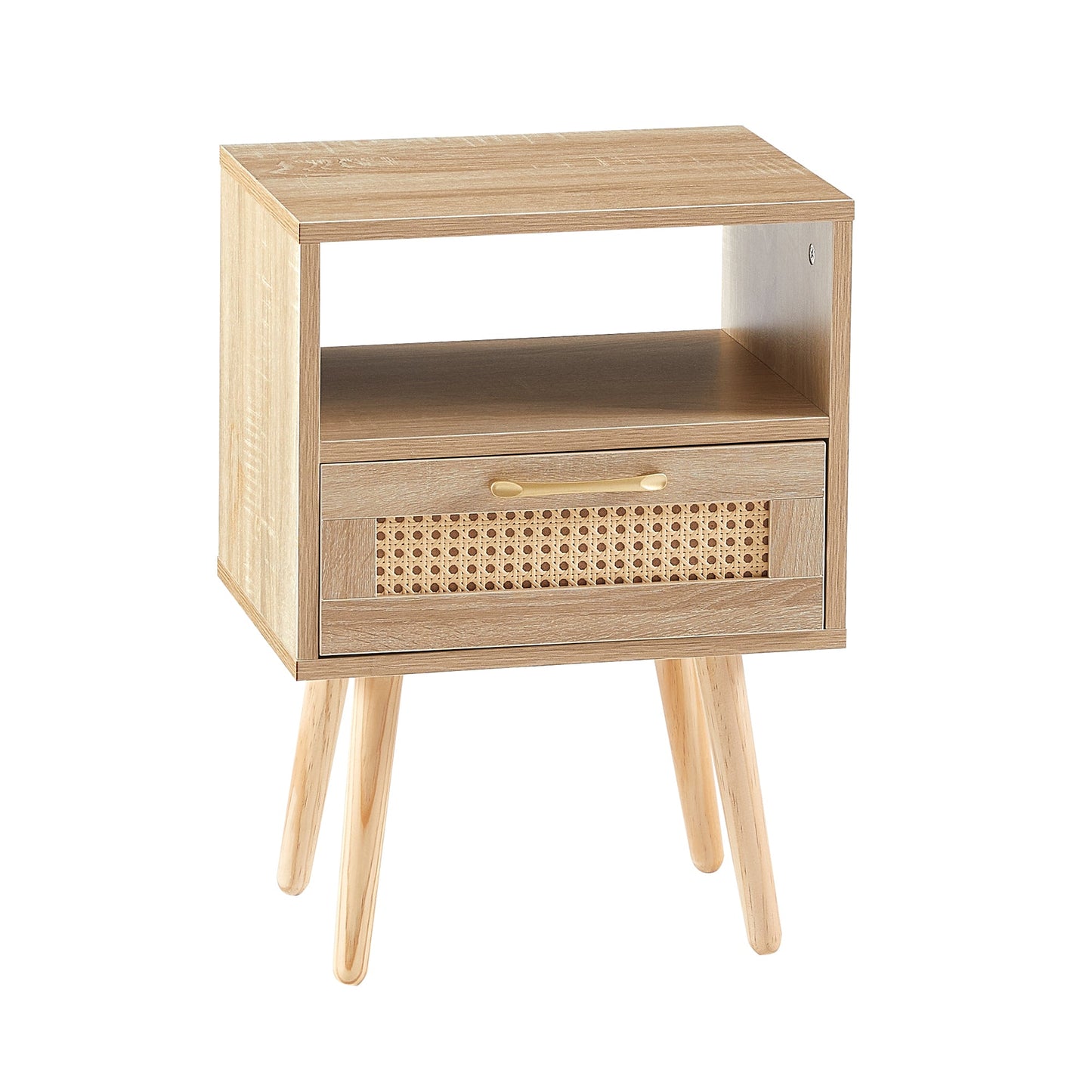15.75" Rattan End table with drawer and solid wood legs Modern nightstand side table for living room natural - Korvel