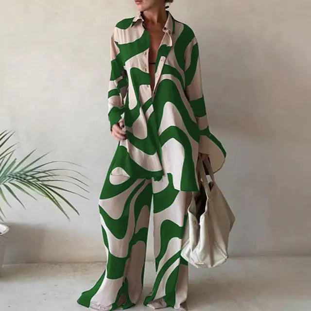 Conjunto de Pantalones de Rayas Sueltos Elegantes con Top de Manga Larga