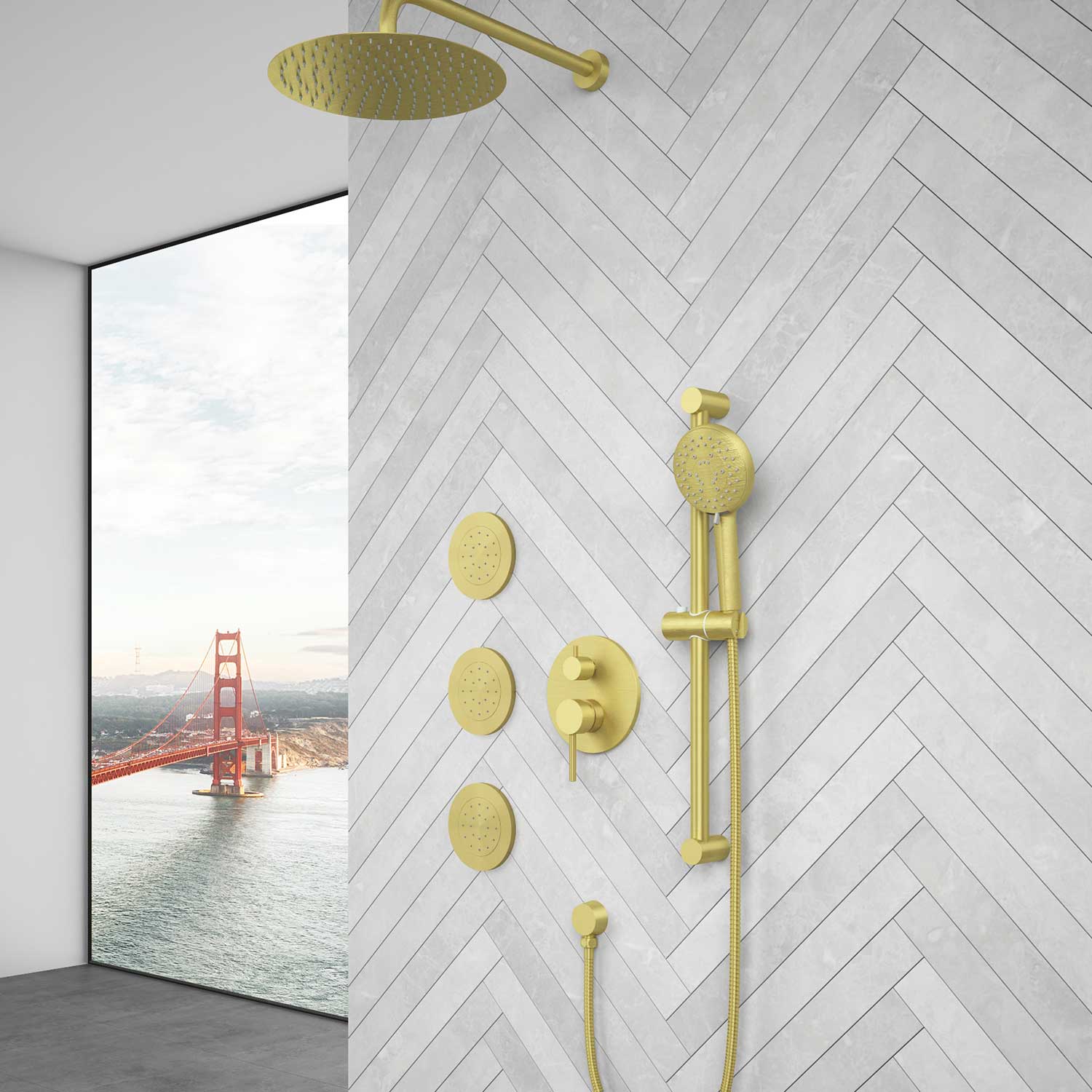 Shower System with Shower Head  Hand Shower Slide Bar Bodysprays, Shower Arm  Hose Valve Trim  and Lever Handles - Korvel