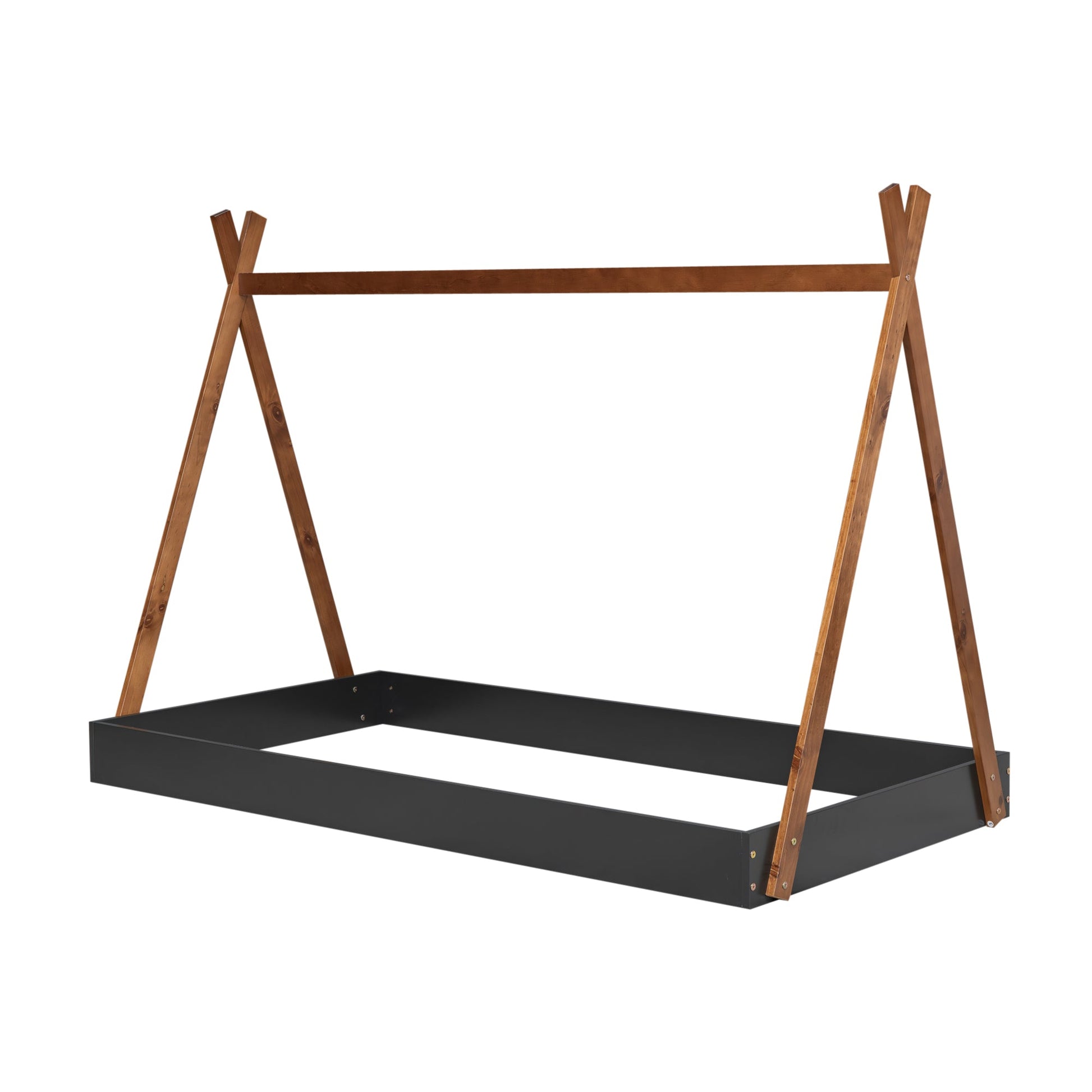 Twin Size Tent Floor Bed with Triangle Structure, Black+Brown - Korvel