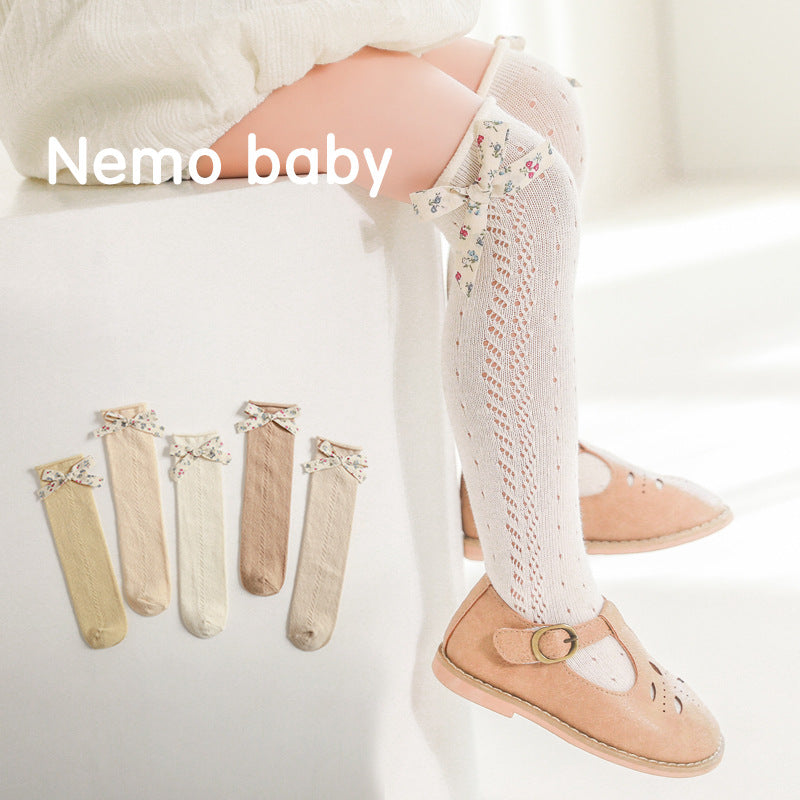 Hollow Mesh Floral Bow Princess Socks Combed Cotton Girls Stockings - Korvel
