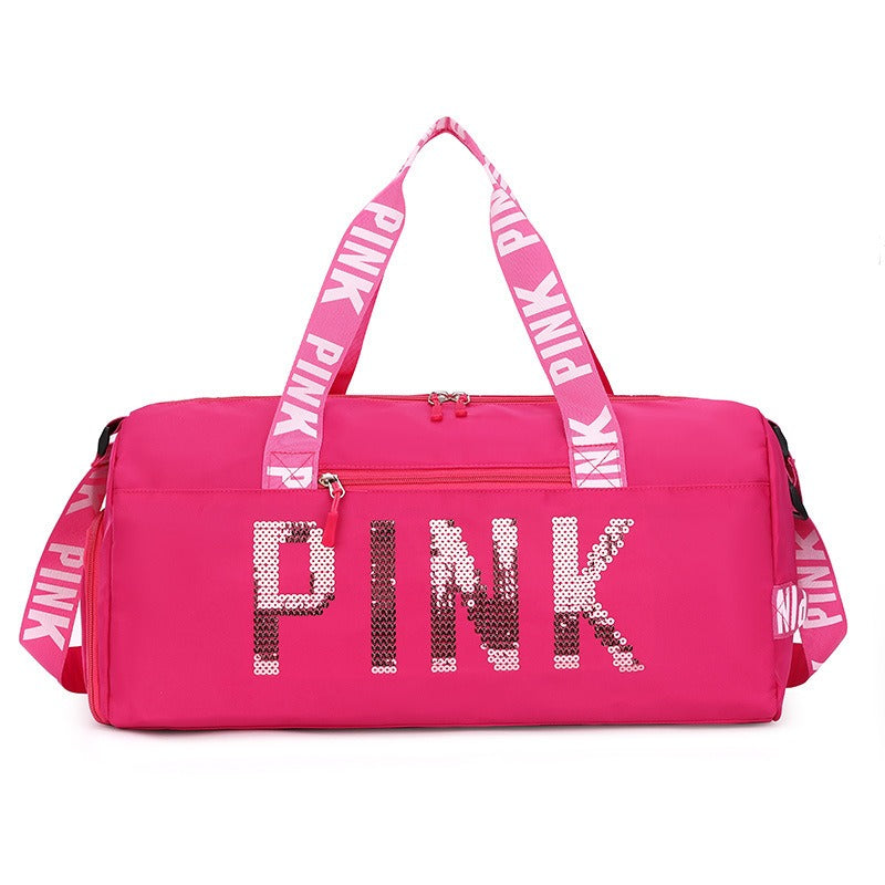 New fitness bag, shoe compartment, dry wet separation bag, sports travel bag, shiny pink letter single shoulder crossbody bag - Korvel