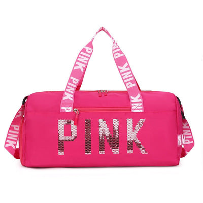 New fitness bag, shoe compartment, dry wet separation bag, sports travel bag, shiny pink letter single shoulder crossbody bag - Korvel