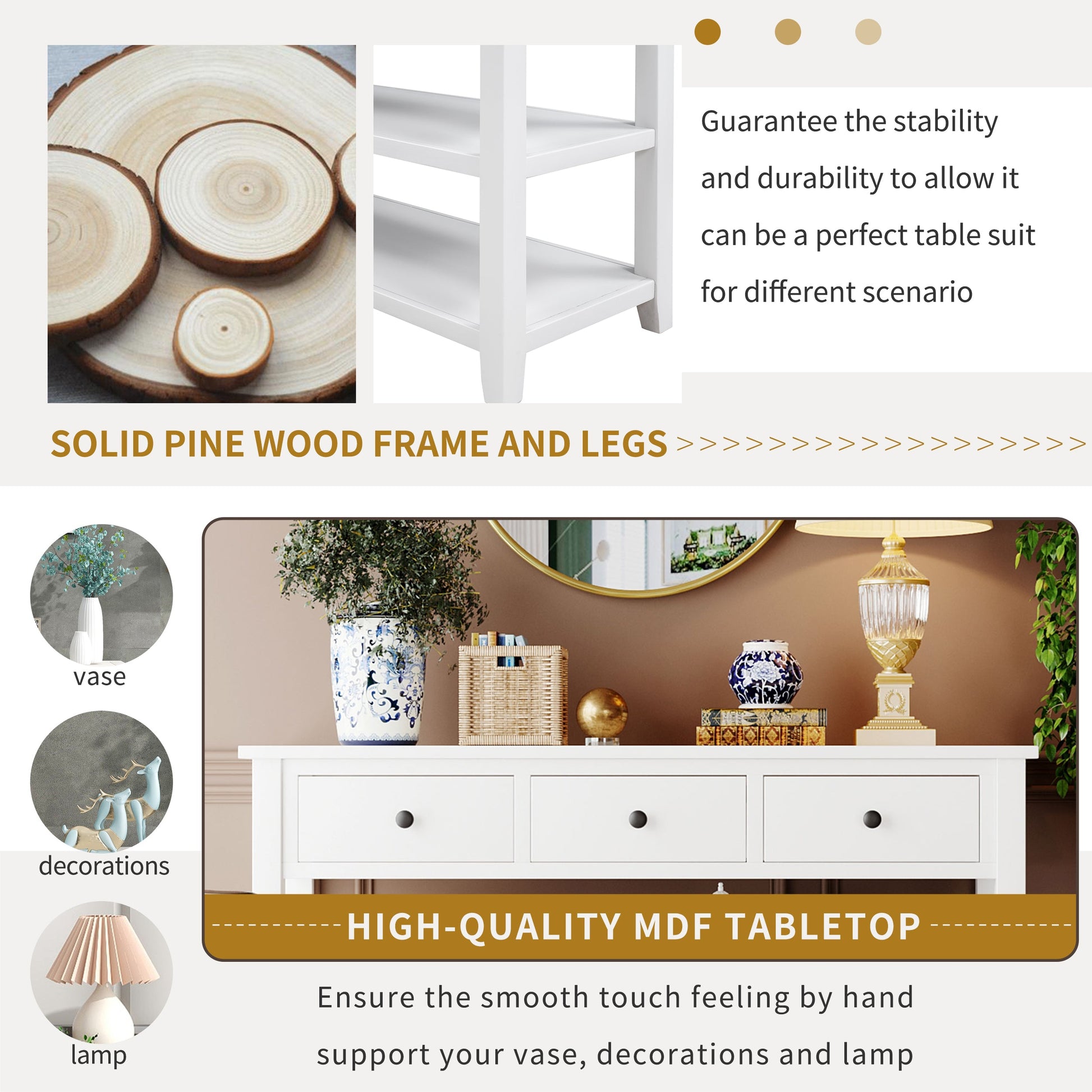 Retro Design Console Table with Two Open Shelves, Pine Solid Wood Frame and Legs for Living Room (Antique White) - Korvel