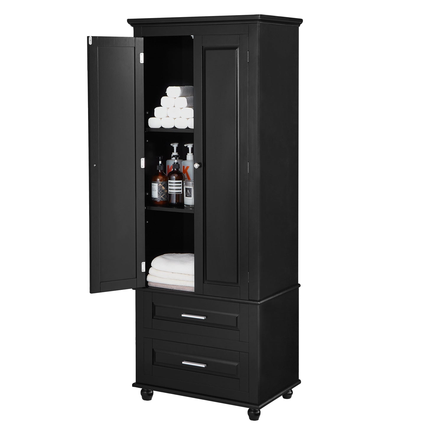 Tall Storage Cabinet with Two Drawers for Bathroom/Office, Black - Korvel